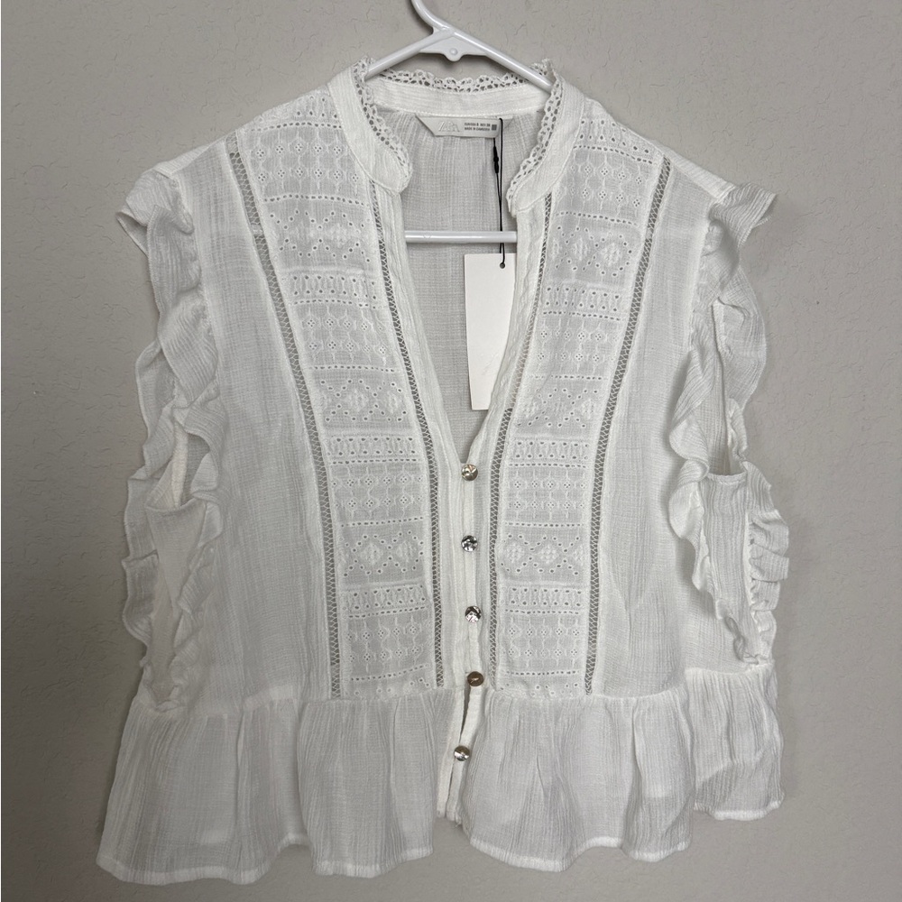 Zara White Eyelet Ruffle Button-Front Top